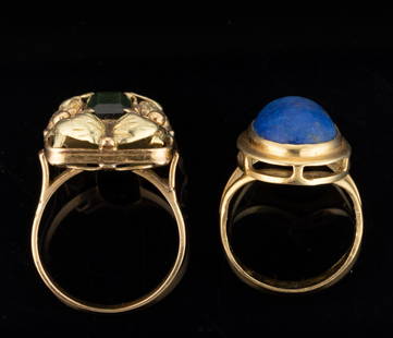 ANTIQUE / VINTAGE 18K GOLD AND GEMSTONE LADY'S RINGS, LOT OF TWO: ANTIQUE / VINTAGE 18K GOLD AND GEMSTONE LADY'S RINGS, LOT OF TWO, comprising a tri-gold ring with rectangular top featuring rose gold flower and green gold leaf motifs, framing a rectangular-