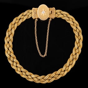 ANTIQUE 14K YELLOW GOLD AND DIAMOND BRAIDED CHAIN BRACELET