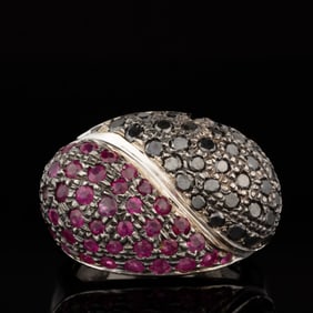 VINTAGE / CONTEMPORARY 14K WHITE GOLD, BLACK DIAMOND, AND RUBY LADY'S RING
