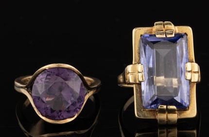 VINTAGE 14K YELLOW GOLD AND STONE RINGS, LOT OF TWO