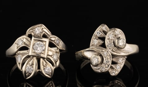 VINTAGE 14K WHITE GOLD AND DIAMOND LADY'S RINGS, LOT OF TWO