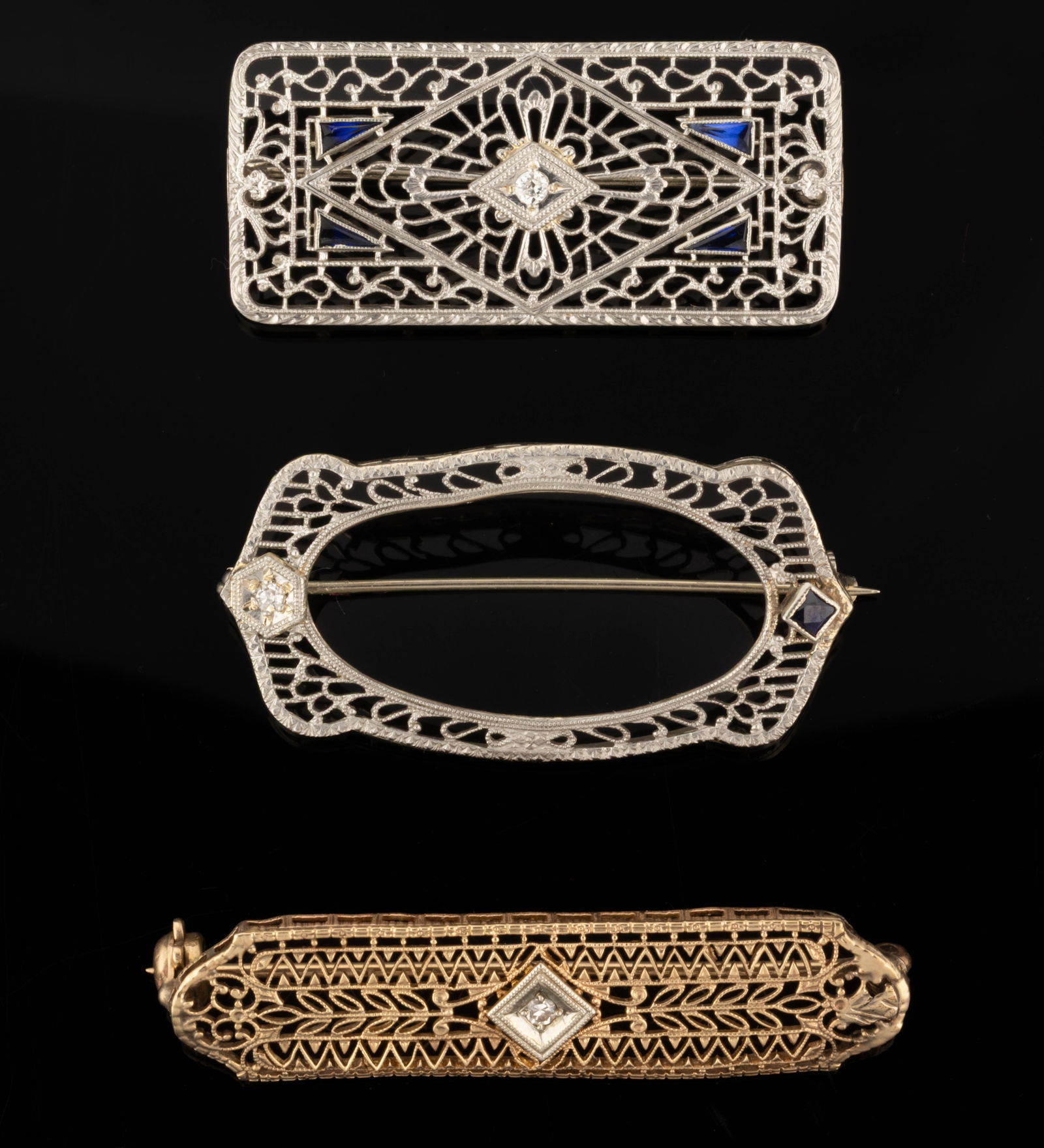 ANTIQUE / VINTAGE ART DECO 14K GOLD AND GEMSTONE FILIGREE BROOCHES, LOT OF THREE (1 of 2)