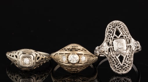 ANTIQUE / VINTAGE ART DECO 14K AND 18K WHITE GOLD AND DIAMOND LADY'S RINGS, LOT OF THREE