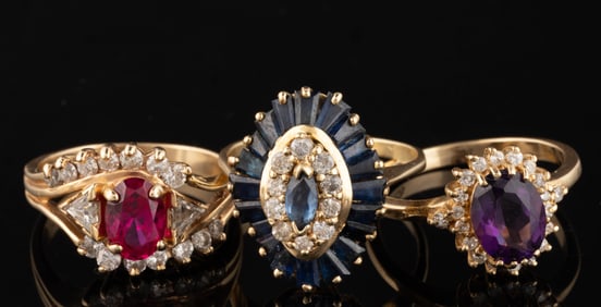 VINTAGE / CONTEMPORARY 14K YELLOW GOLD, DIAMOND, AND GEMSTONE LADY'S RINGS, LOT OF THREE