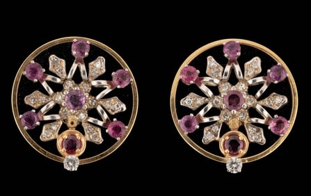 VINTAGE 14K TWO-TONED GOLD, DIAMOND, AND RUBY EARRINGS, PAIR