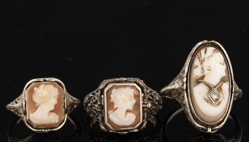 ANTIQUE / VINTAGE ART DECO 14K WHITE GOLD AND STERLING SILVER CAMEO AND ONYX FLIP RINGS, LOT OF