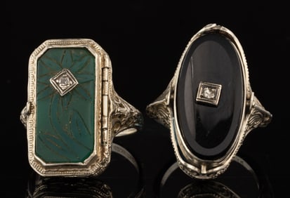 ANTIQUE / VINTAGE ART DECO 14K WHITE GOLD, DIAMOND, AND STONE FLIP RINGS, LOT OF TWO