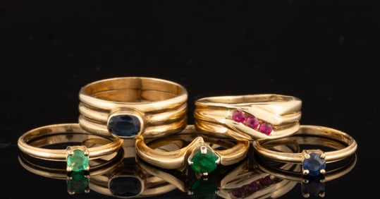 VINTAGE 14K YELLOW GOLD AND GEMSTONE RINGS, LOT OF FIVE