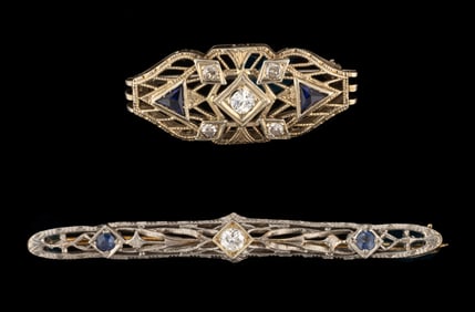 ANTIQUE / VINTAGE ART DECO 14K GOLD, DIAMOND, AND SAPPHIRE FILIGREE BROOCHES / PINS, LOT OF TWO