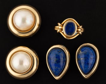 VINTAGE / CONTEMPORARY 14K AND 14K-18K YELLOW GOLD AND LAPIS LAZULI / PEARL JEWELRY, LOT OF FIVE