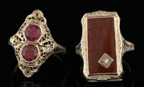 ANTIQUE / VINTAGE ART DECO 14K AND 18K WHITE GOLD AND STONE LADY'S RINGS, LOT OF TWO