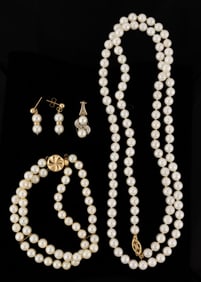 VINTAGE / CONTEMPORARY 14K GOLD AND PEARL JEWELRY, LOT OF FIVE PIECES