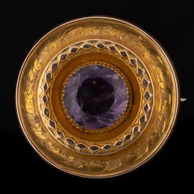 ANTIQUE ENGLISH 9K YELLOW GOLD AND AMETHYST BROOCH
