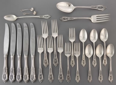 WALLACE "ROSE POINT" STERLING SILVER FLATWARE AND SERVING UTENSILS, LOT OF 24