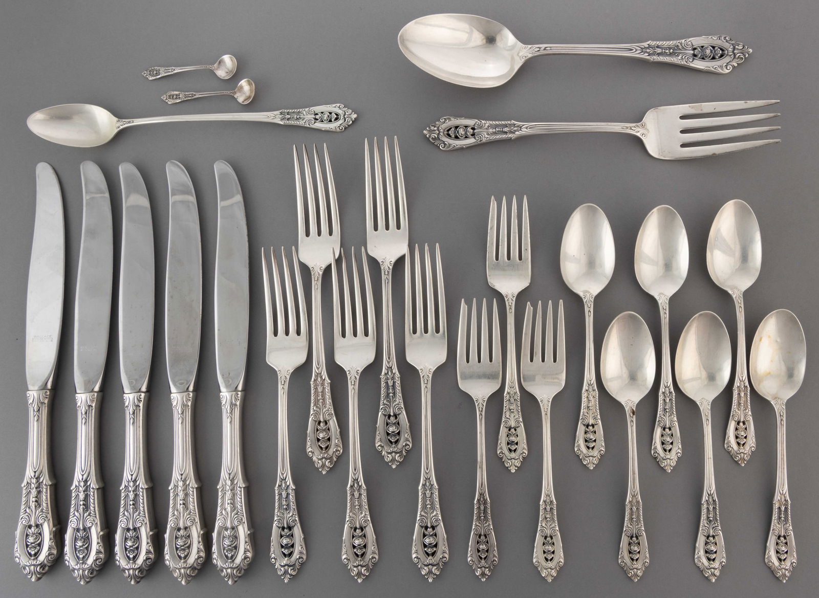 WALLACE "ROSE POINT" STERLING SILVER FLATWARE AND SERVING UTENSILS, LOT OF 24 (1 of 1)