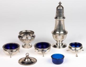 GRAFF, WASHBOURNE & DUNN AND OTHER STERLING SILVER OPEN SALTS AND MUFFINEER / SUGAR SHAKER, LOT OF