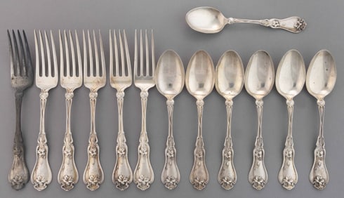 WHITING MFG. CO. "VIOLET" STERLING SILVER FORK AND SPOON SET, LOT OF 13
