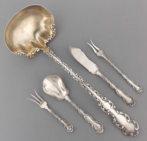 GORHAM "STRASBOURG" AND WHITING "LOUIS XV" STERLING SILVER SERVING UTENSILS, LOT OF FIVE