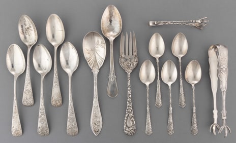 GORHAM AND OTHER STERLING SILVER FLATWARE AND SUGAR TONGS, LOT OF 15