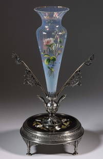 REED & BARTON AESTHETIC MOVEMENT SILVER-PLATED AND PIETRA DURA CENTERPIECE / EPERGNE: REED & BARTON AESTHETIC MOVEMENT SILVER-PLATED AND PIETRA DURA CENTERPIECE / EPERGNE, center with a handled vase-form stem featuring an applied bee figure at base, having probably later applied su