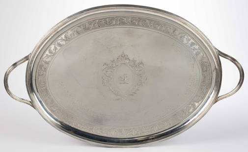 WILLIAM ABDY II, ENGLISH GEORGIAN STERLING SILVER SERVING TRAY: WILLIAM ABDY II, ENGLISH GEORGIAN STERLING SILVER SERVING TRAY, oval form with engraved decoration featuring a center design of a heraldry demi-lion rampant holding an object in paws surrounded by a f