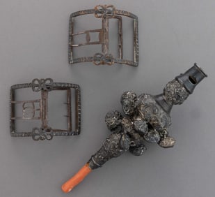 ENGLISH GEORGIAN / VICTORIAN BABY RATTLE AND SHOE BUCKLES, LOT OF THREE