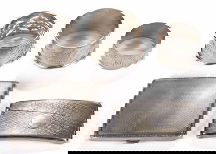ENGLISH STERLING AND OTHER 0.800 SILVER ENGRAVED-DECORATED CASES AND NAPKIN RINGS, LOT OF FIVE: ENGLISH STERLING AND OTHER 0.800 SILVER ENGRAVED-DECORATED CASES AND NAPKIN RINGS, LOT OF FIVE, English sterling pieces comprising a card case by A. & J. Zimmerman Ltd. of Birmingham with 1919 dat