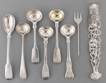 BRITISH GEORGIAN AND VICTORIAN STERLING SILVER SPOONS AND TONGS, LOT OF SEVEN