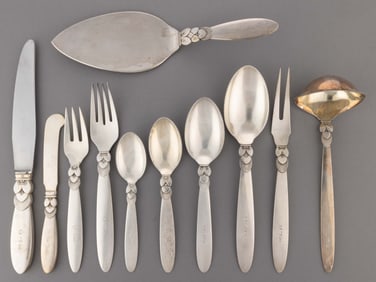 GEORG JENSEN DANISH "CACTUS" STERLING SILVER 65-PIECE FLATWARE SERVICE