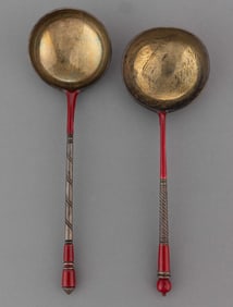RUSSIAN 0.875 SILVER LACQUERED ENAMEL SOUVENIR SPOONS, LOT OF TWO