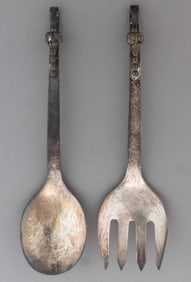 F. RAMIREZ, MEXICAN STERLING SILVER SALAD SERVING FORK AND SPOON SET