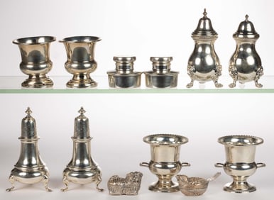 ASSORTED STERLING AND SILVER-PLATED SHAKERS AND OTHER ARTICLES, LOT OF 12