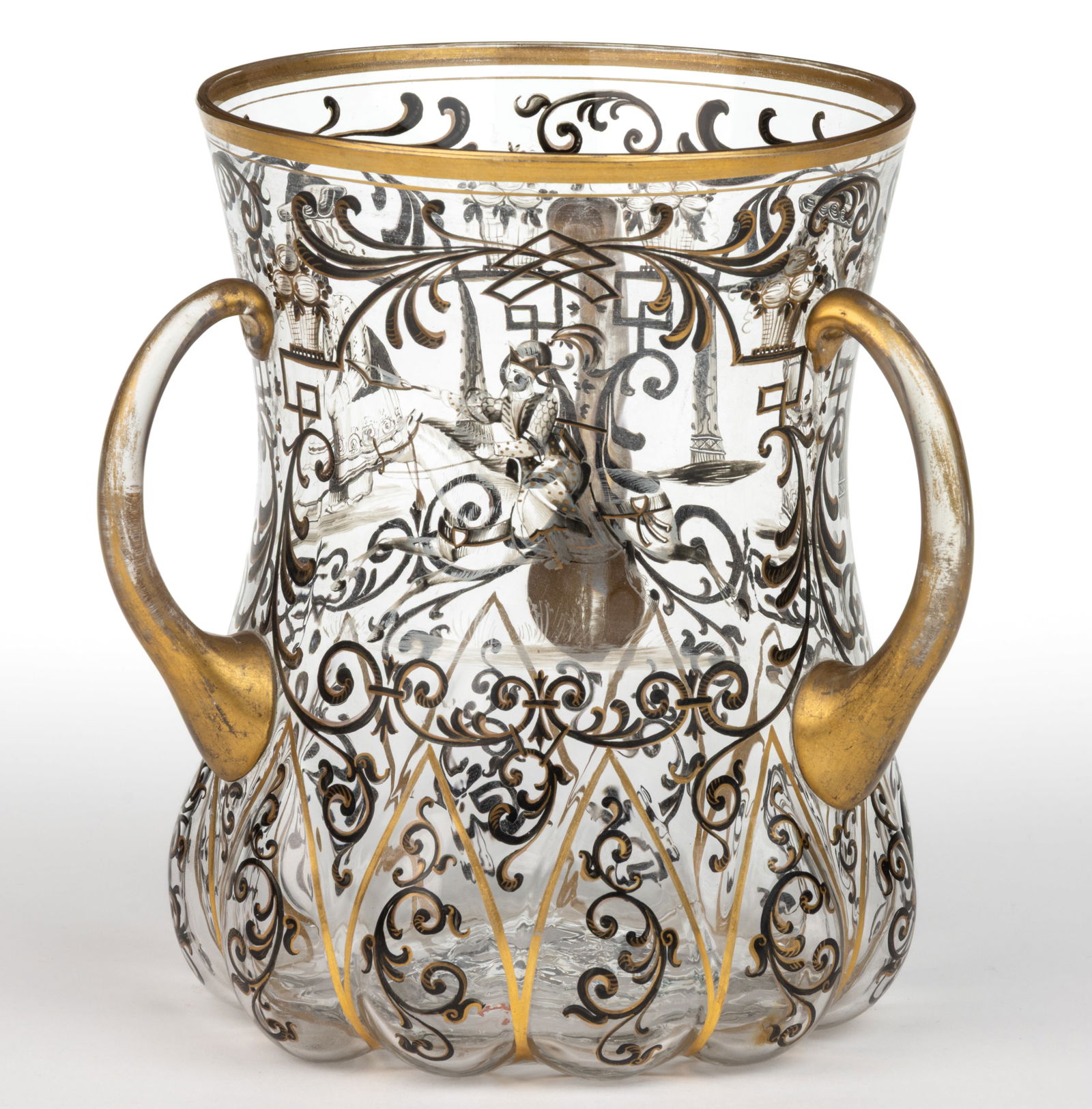 LOBMEYR ATTRIBUTED ASIAN MOTIF ENAMEL-DECORATED TRIPLE HANDLED VASE (1 of 3)