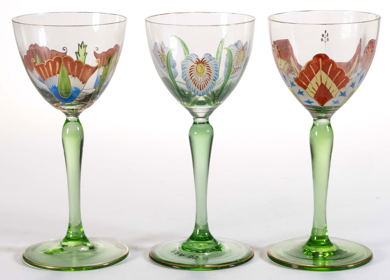 BOHEMIAN / GERMAN ART NOUVEAU ENAMELED AND GILT-DECORATED GLASS WINES / GOBLETS, LOT OF THREE (1 of 2)