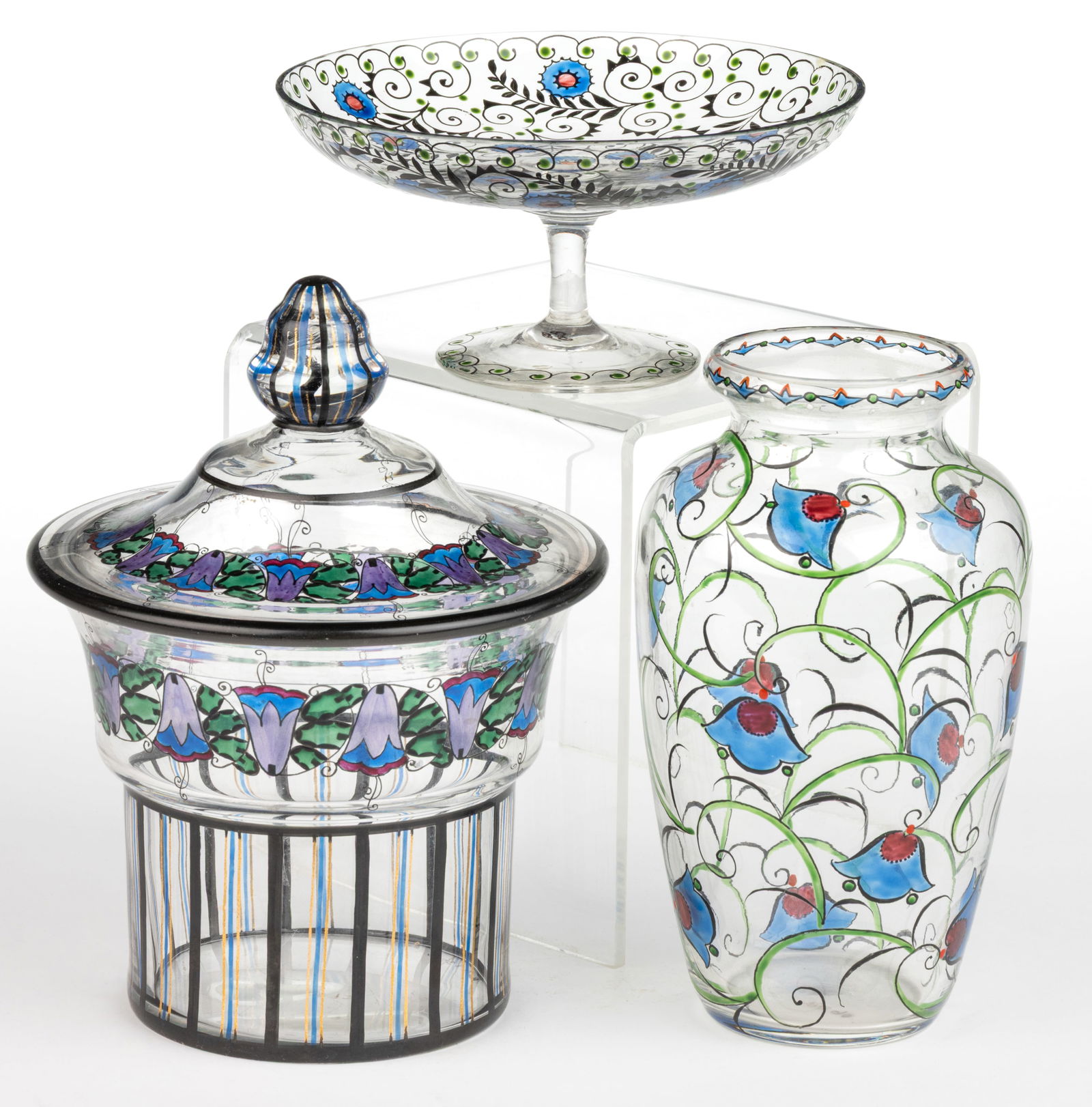 BOHEMIAN ENAMEL-DECORATED ART GLASS ARTICLES, LOT OF THREE (1 of 1)