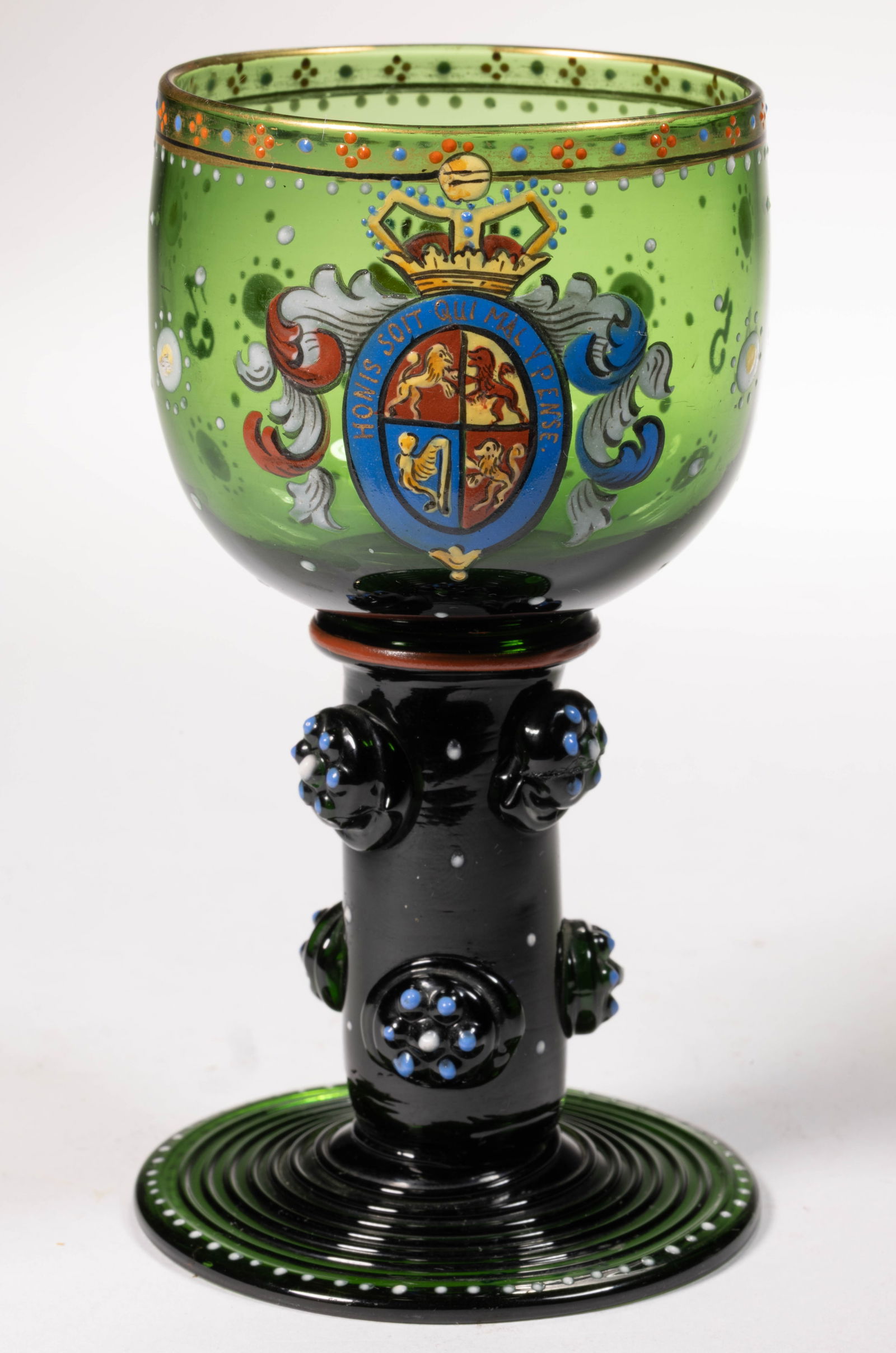EUROPEAN FREE-BLOWN ROEMER / WINE GLASS WITH BRITISH ROYAL ARMORIAL ENAMEL DECORATION: EUROPEAN FREE-BLOWN ROEMER / WINE GLASS WITH BRITISH ROYAL ARMORIAL ENAMEL DECORATION, emerald green, ovoid bowl having intricate hand-painted polychrome enamel decorations all around compri