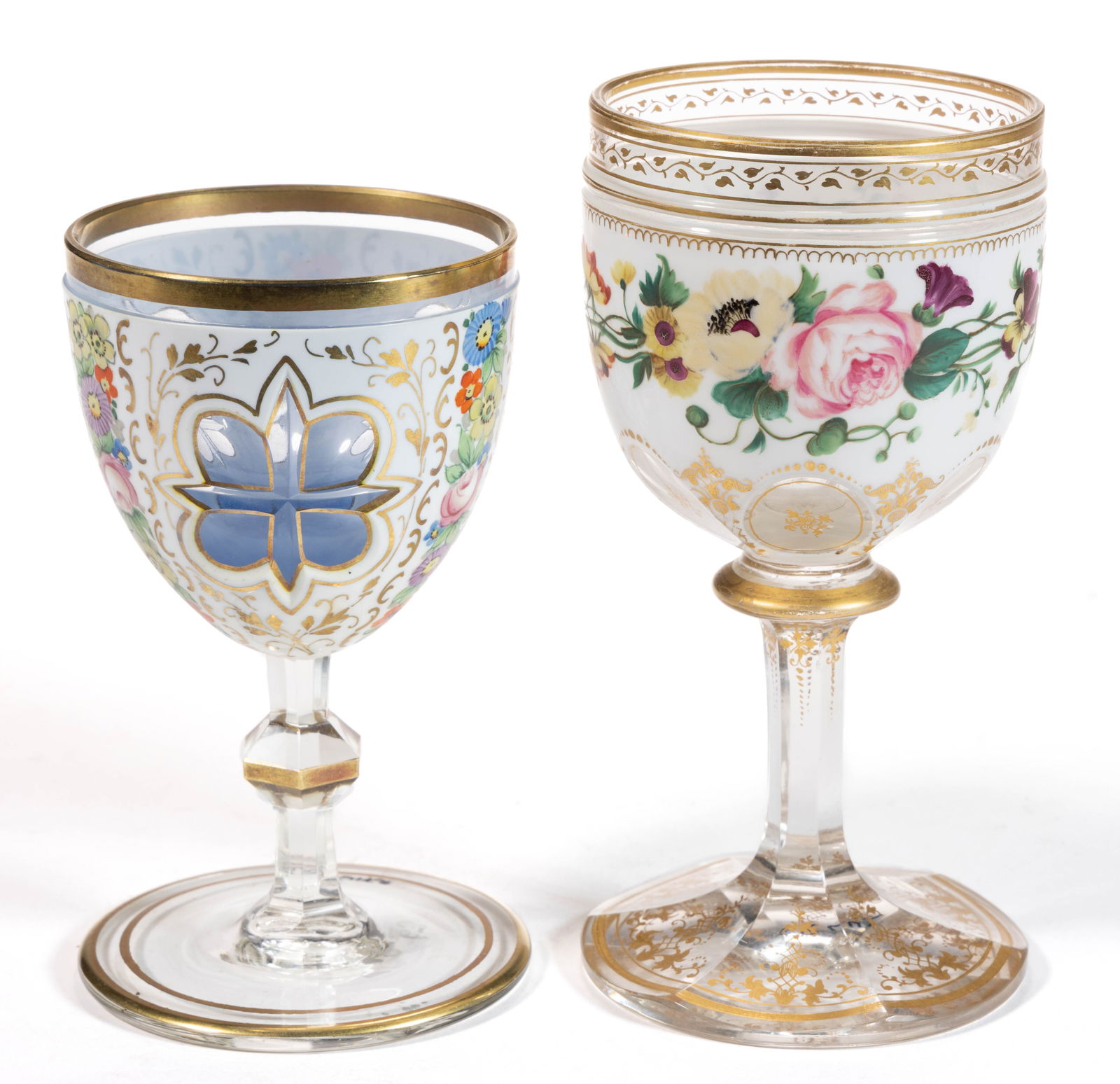 EUROPEAN CUT-OVERLAY AND GILT DECORATED GLASS WINES / DRINKING GLASSES, LOT OF TWO (1 of 3)