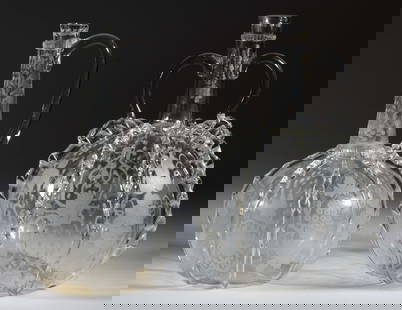 DUTCH FREE-BLOWN AND ENGRAVED RIBBED GLOBULAR DECANTERS / BOTTLES, LOT OF TWO: DUTCH FREE-BLOWN AND ENGRAVED RIBBED GLOBULAR DECANTERS / BOTTLES, LOT OF TWO, colorless non-lead glass, spherical bodies each having eight thick applied vertical ribs around the body up to the should