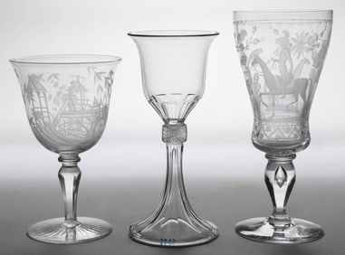 ASSORTED CUT / ENGRAVED GLASS WINE GLASSES, LOT OF THREE