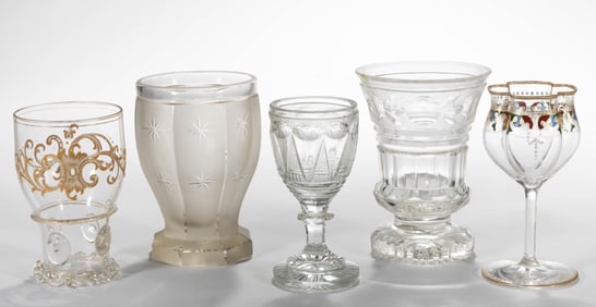 ASSORTED EUROPEAN CUT / DECORATED GLASS DRINKING VESSELS, LOT OF FIVE