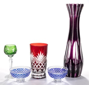 ASSORTED CUT OVERLAY GLASS ARTICLES, LOT OF FIVE