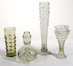 ASSORTED CONTEMPORARY STUDIO GLASS ANTIQUE-STYLE BEAKERS AND OTHER ARTICLES, LOT OF FOUR