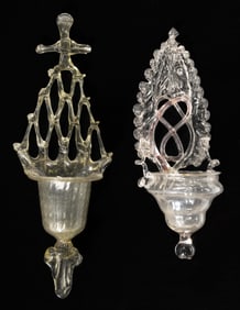 CONTINENTAL FREE-BLOWN GLASS HOLY WATER FONTS / BENITIERS, LOT OF TWO