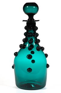 ENGLISH APPLIED PRUNTS BLOWN GLASS DECANTER: ENGLISH APPLIED PRUNTS BLOWN GLASS DECANTER, deep green/teal, baluster form with many applied raspberry prunts to the neck and body, original stopper, polished pontil mark, polished pontil mark to the