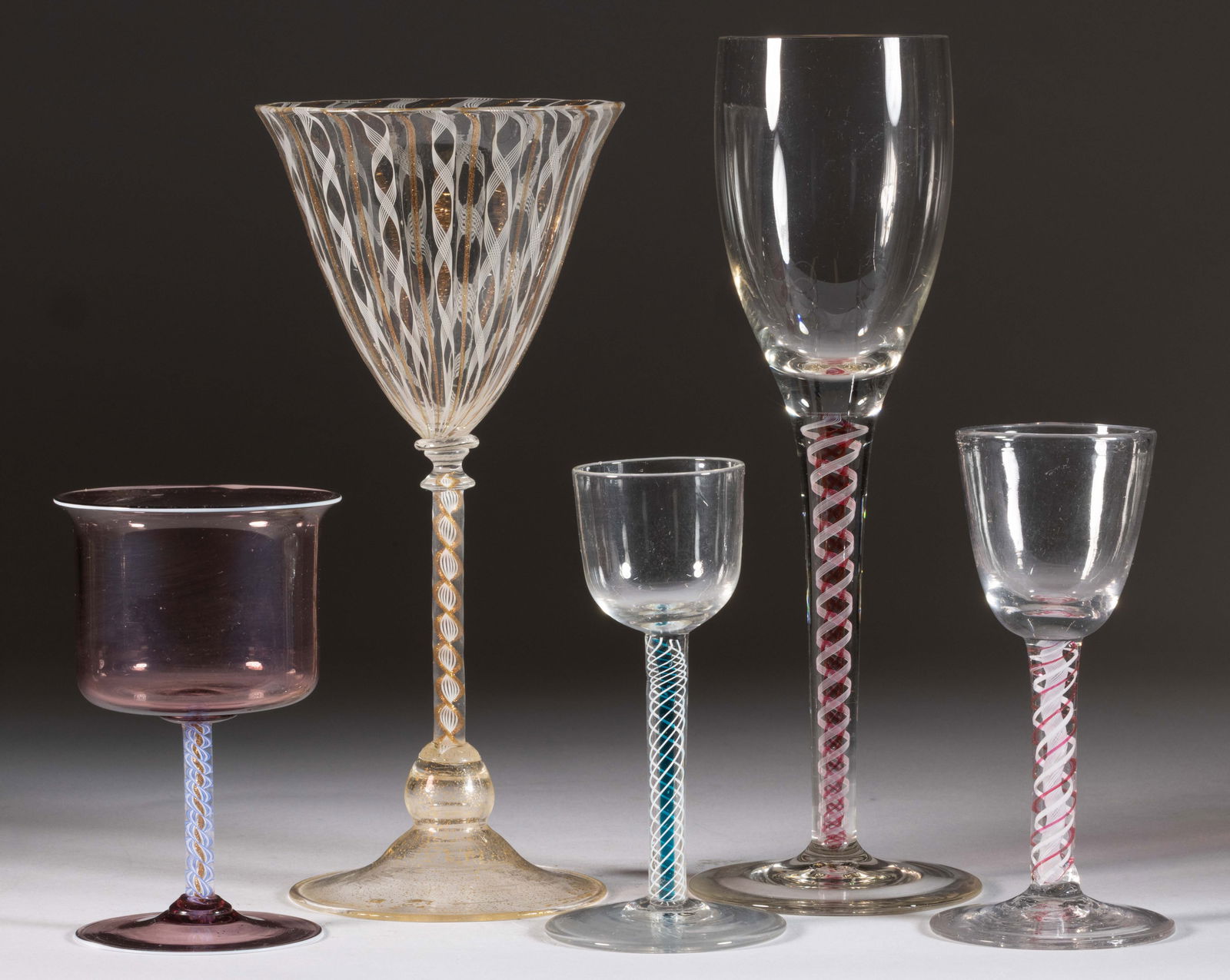 ASSORTED 20TH CENTURY TWIST-STEM FREE-BLOWN WINES / DRINKING GLASSES, LOT OF FIVE (1 of 1)