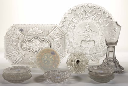 AMERICAN LACY AND OTHER PRESSED GLASS ARTICLES, LOT OF 14