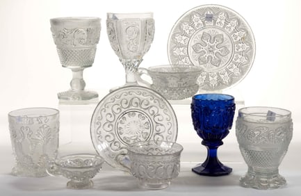 FRENCH AND BELGIAN LACY PRESSED GLASS ARTICLES, LOT OF TEN