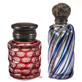 EUROPEAN CUT OVERLAY GLASS PERFUME / SCENT BOTTLES, LOT OF TWO (1 of 1)