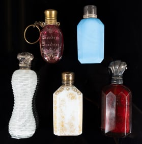 ASSORTED EUROPEAN GLASS PUNGENT / SCENT BOTTLES, LOT OF FIVE