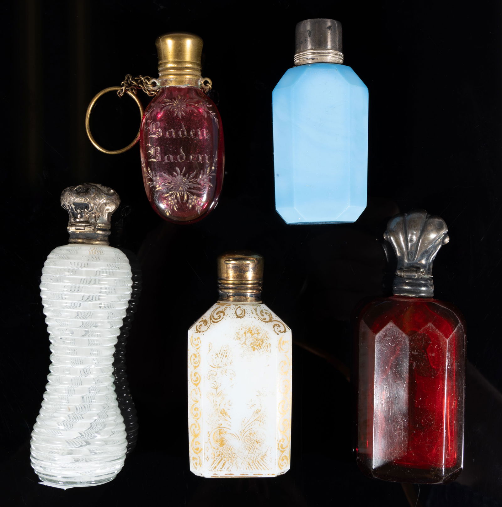 ASSORTED EUROPEAN GLASS PUNGENT / SCENT BOTTLES, LOT OF FIVE (1 of 1)